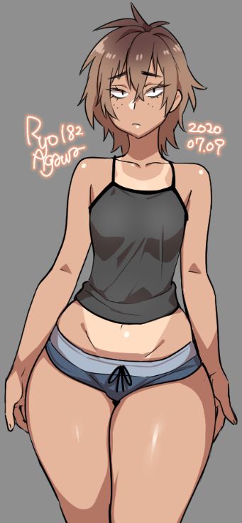 1girl 2020 agawa_ryou bare_shoulders black_shirt brown_hair collarbone commentary dated drawstring freckles grey_background groin looking_at_viewer midriff navel original pout raised_eyebrows shirt short_hair short_shorts shorts signature solo tan tanline thick_thighs thighs wide_hips