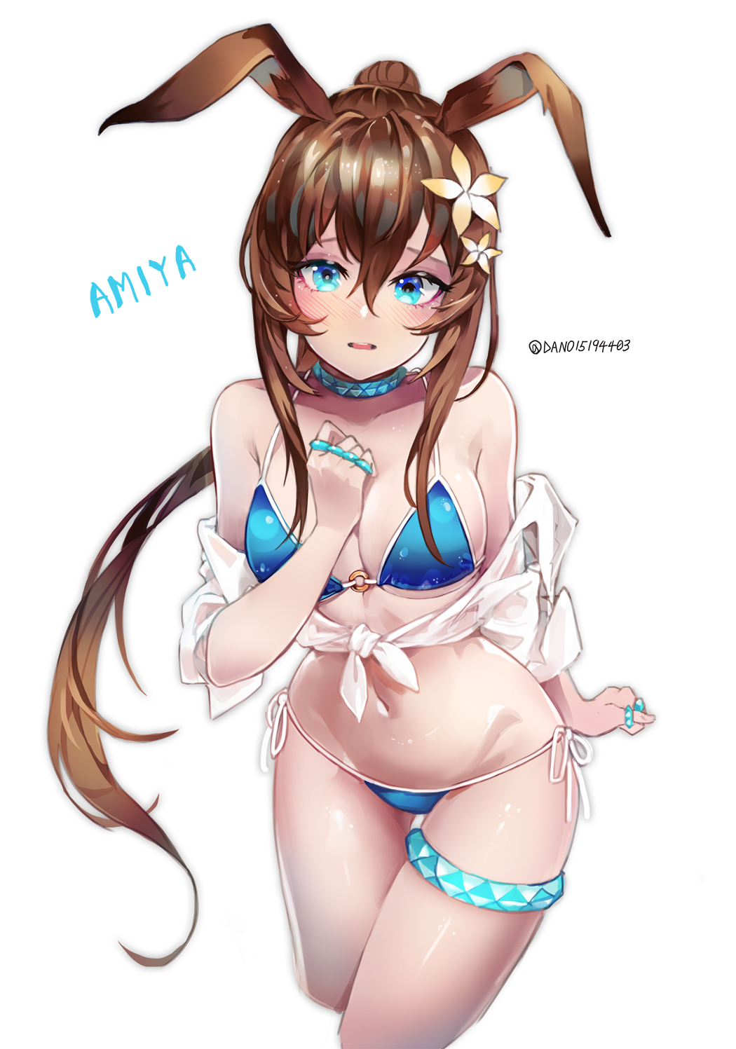 1girl amiya_(arknights) animal_ears arknights artist_name bangs bare_shoulders bikini blue_bikini blue_eyes blush breasts brown_hair character_name commentary cowboy_shot cropped_legs dano flower hair_between_eyes hair_flower hair_ornament hand_up highres jewelry long_hair looking_at_viewer medium_breasts navel neck_ring nose_blush off_shoulder parted_lips rabbit_ears ring shirt side-tie_bikini simple_background solo standing stomach swimsuit thighlet thighs tied_shirt twitter_username very_long_hair white_background white_shirt