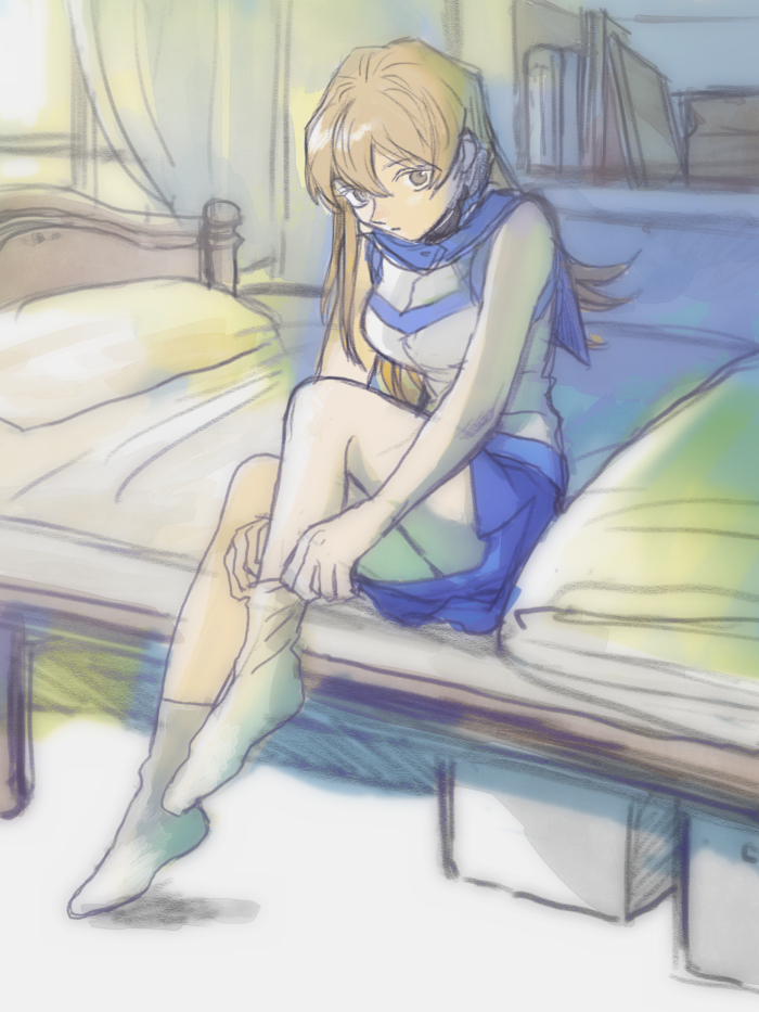 1girl 203wolves bangs bedroom blonde_hair blue_sailor_collar blue_skirt brown_eyes graphite_(medium) hair_between_eyes indoors jacket long_hair miniskirt on_bed parted_lips pencil_skirt sailor_collar sitting sitting_on_bed sketch skirt sleeveless sleeveless_jacket socks solo straight_hair tenjouin_asuka traditional_media very_long_hair white_jacket white_legwear yuu-gi-ou yuu-gi-ou_gx