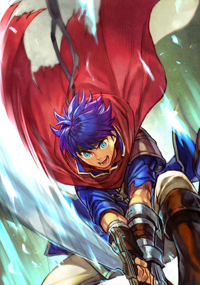 1boy armor blue_eyes blue_hair boots cape fingerless_gloves fire_emblem fire_emblem:_path_of_radiance fire_emblem:_radiant_dawn gloves hankuri headband holding holding_sword holding_weapon ike_(fire_emblem) male_focus muscle pants ragnell simple_background solo sword weapon white_pants