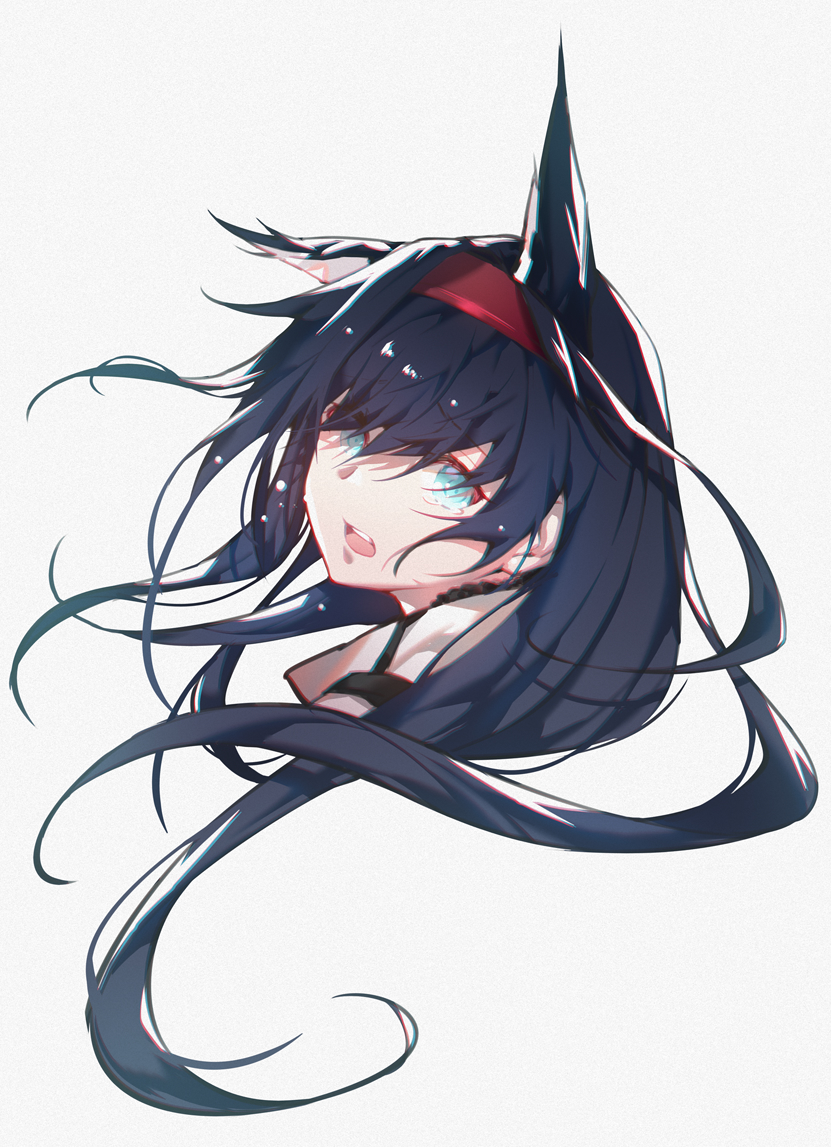 1girl animal_ears aqua_eyes arknights blaze_(arknights) blue_hair cat_ears commentary crying crying_with_eyes_open eyebrows_visible_through_hair grey_background hair_between_eyes hairband jacket long_hair looking_at_viewer looking_back open_mouth portrait simple_background solo tears white_jacket xion32