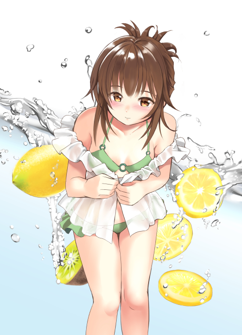 1girl bangs bikini blush breasts brown_eyes brown_hair citron commentary_request eyebrows_visible_through_hair folded_ponytail food fruit green_bikini inazuma_(kantai_collection) kantai_collection kiwifruit looking_at_viewer seminoyu sidelocks simple_background small_breasts solo swimsuit water white_background