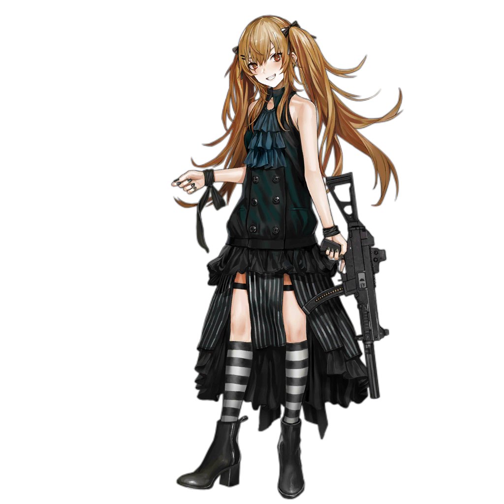 1girl alternate_costume bangs black_dress black_footwear black_legwear black_nails black_ribbon boots brown_eyes brown_hair dress full_body girls_frontline gun hair_between_eyes hair_ornament hair_ribbon high_heels holding holding_gun holding_weapon horizontal_stripes infukun kneehighs long_hair looking_at_viewer nail_polish official_art open_mouth red_eyes ribbon scar scar_across_eye scope sleeveless sleeveless_dress smile socks solo standing striped striped_legwear submachine_gun teeth thigh_strap transparent_background twintails two-tone_legwear ump9_(girls_frontline) weapon