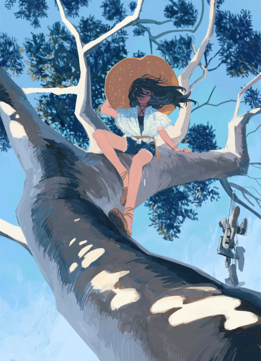 1girl black_hair blue_sky branch clea denim denim_shorts floating_hair hat highres in_tree leaf long_hair looking_at_viewer original shirt shoes shorts sitting sitting_in_tree sky solo straw_hat tree tree_branch white_footwear white_shirt white_tree wide_shot wind