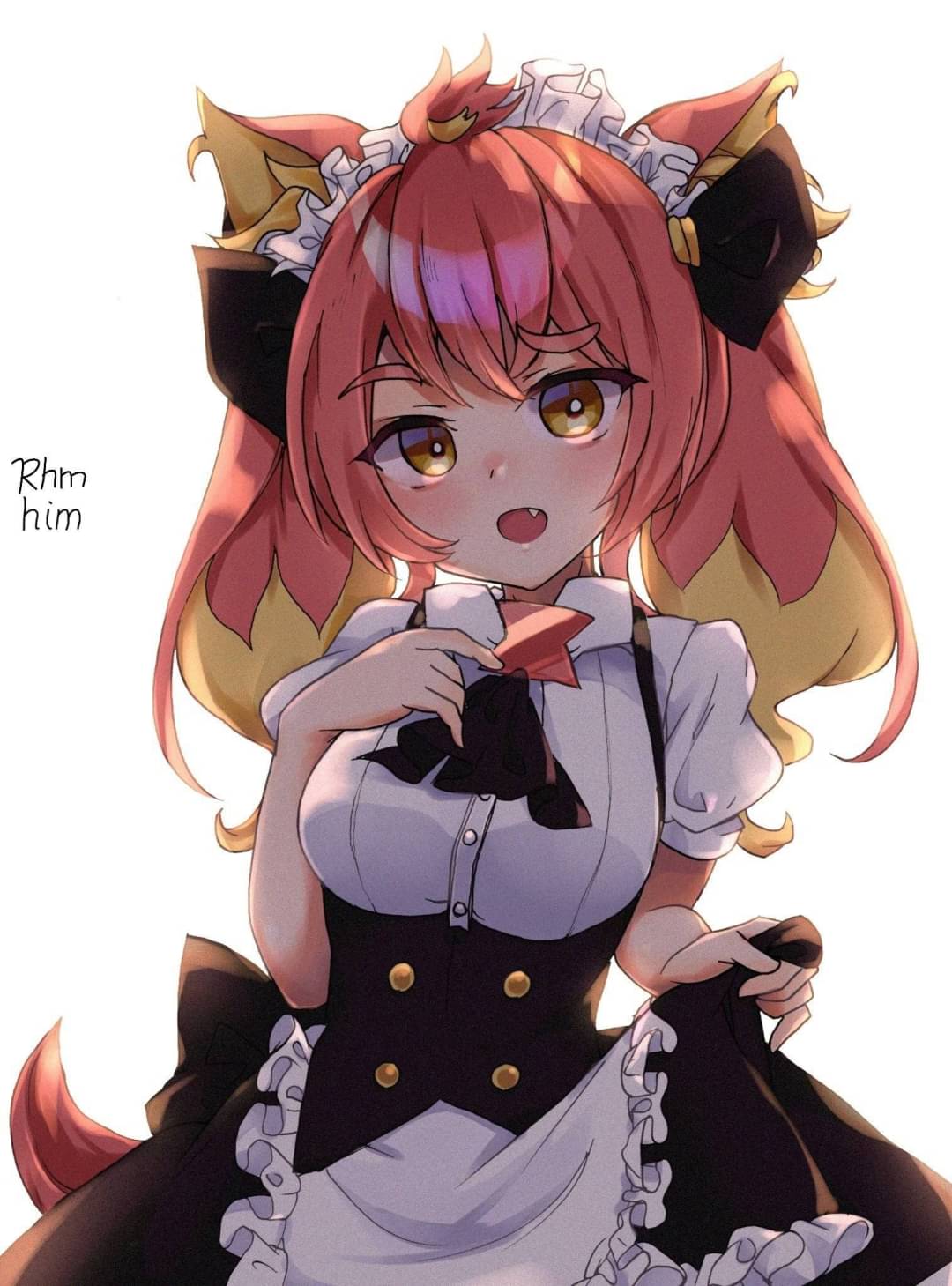 1girl alternate_costume animal_ear_fluff animal_ears apron artist_name ascot bangs black_neckwear breasts bright_pupils buttons cat_ears cat_girl cat_tail enmaided eyebrows_visible_through_hair fang frilled_apron frills hand_up highres hikasa_tomoshika kemonomimi_mode long_hair maid maid_apron maid_headdress medium_breasts multicolored_hair open_mouth orange_eyes orange_hair raised_eyebrow redhead rhm. solo tail twintails two-tone_hair virtual_youtuber voms waist_apron white_apron white_pupils