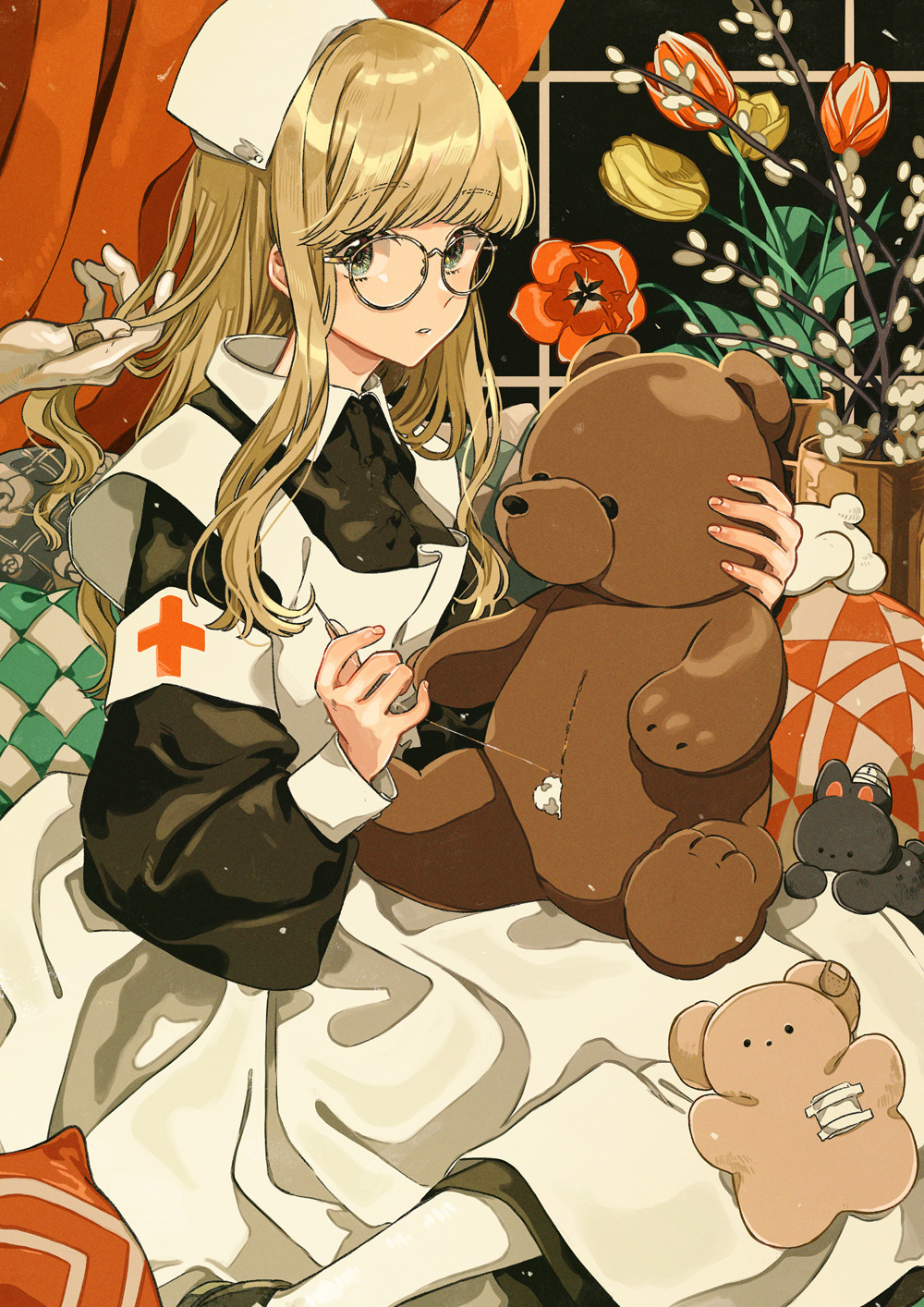 1girl bangs black_dress blonde_hair collared_dress dress eyebrows_visible_through_hair feet_out_of_frame flower glasses highres holding holding_stuffed_animal keishin long_hair long_sleeves looking_at_viewer original red_flower sewing sitting solo stuffed_animal stuffed_toy teddy_bear white_dress yellow_flower