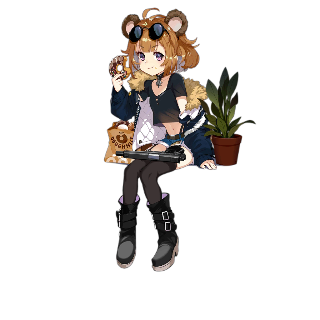 1girl alternate_costume animal_ears bear_ears bear_girl black_choker black_footwear black_legwear black_shirt blue_jacket blue_shorts boots breasts brown_hair choker doughnut eating eyewear_on_head food full_body girls_frontline grizzly_mkv_(girls_frontline) gun handgun jacket looking_at_viewer official_art pistol plant potted_plant realmbw shirt short_hair shorts sitting small_breasts solo sunglasses thigh-highs transparent_background violet_eyes weapon younger