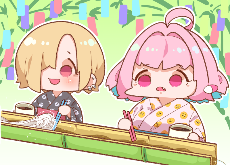 :d ahoge blonde_hair blue_hair bowl chibi chopsticks colored_inner_hair ear_piercing emoji fang food hair_intakes hair_over_one_eye holding idolmaster idolmaster_cinderella_girls japanese_clothes kimono multicolored_hair nagashi_soumen noodles obi open_mouth patterned_clothing pien piercing pink_eyes pink_hair sash shirasaka_koume short_hair smile takato_kurosuke tanabata tanzaku two-tone_hair yumemi_riamu