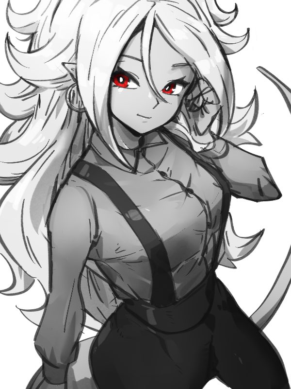 1girl alternate_costume android_21 closed_mouth dragon_ball dragon_ball_fighterz earrings greyscale hair_between_eyes hoop_earrings jewelry kemachiku long_hair looking_at_viewer majin_android_21 monochrome pants pointy_ears red_eyes shirt smile solo suspenders tail