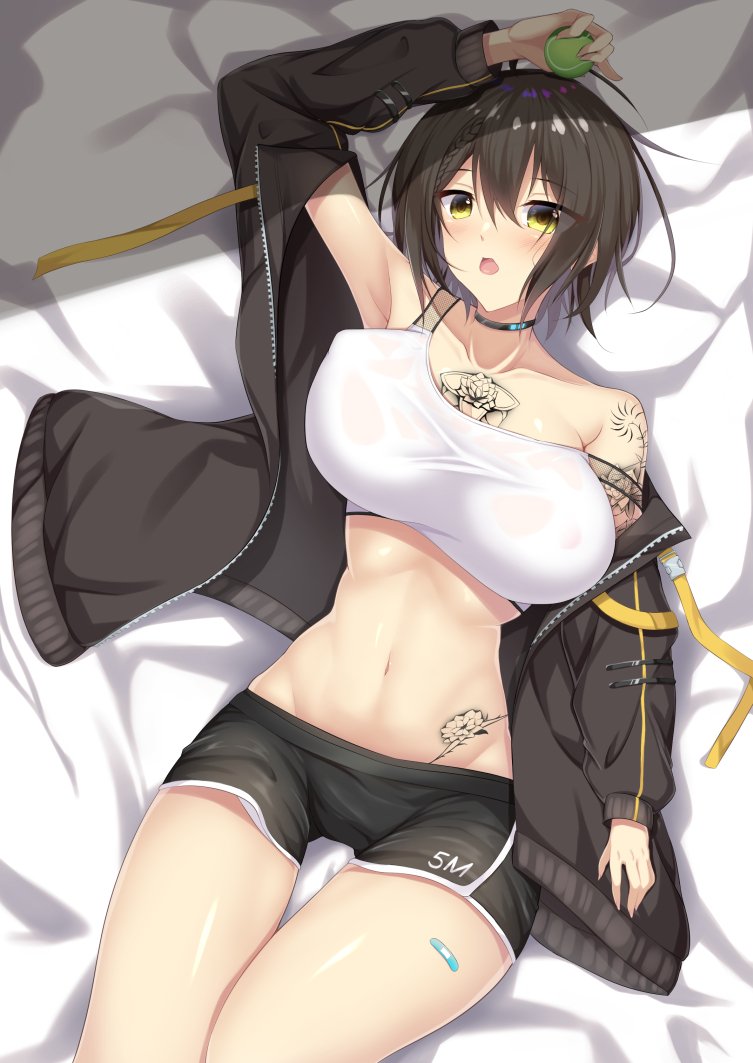 1girl :o ahoge arm_tattoo arm_up armpits azur_lane ball baltimore_(azur_lane) baltimore_(black_ace)_(azur_lane) bandaid bandaid_on_leg bangs bare_shoulders bed_sheet black_choker black_jacket black_shorts blush braid breasts brown_hair chest_tattoo choker collarbone commentary_request covered_nipples cowboy_shot eyebrows_visible_through_hair flower_tattoo french_braid groin hair_between_eyes holding holding_ball jacket kirisaki_idumi large_breasts long_sleeves looking_at_viewer lying midriff navel off-shoulder_jacket on_back on_bed open_clothes open_jacket open_mouth see-through short_hair short_shorts shorts shoulder_tattoo sidelocks solo sports_bra stomach_tattoo tattoo taut_clothes tennis_ball unaligned_breasts wet_bra white_sports_bra yellow_eyes