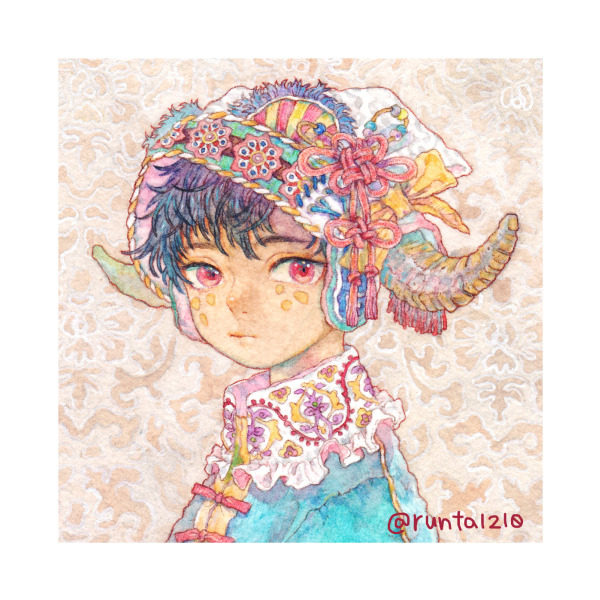 1boy black_hair border collar frilled_collar frills horns knot looking_at_viewer original portrait red_eyes rope runta short_hair solo twitter_username white_border