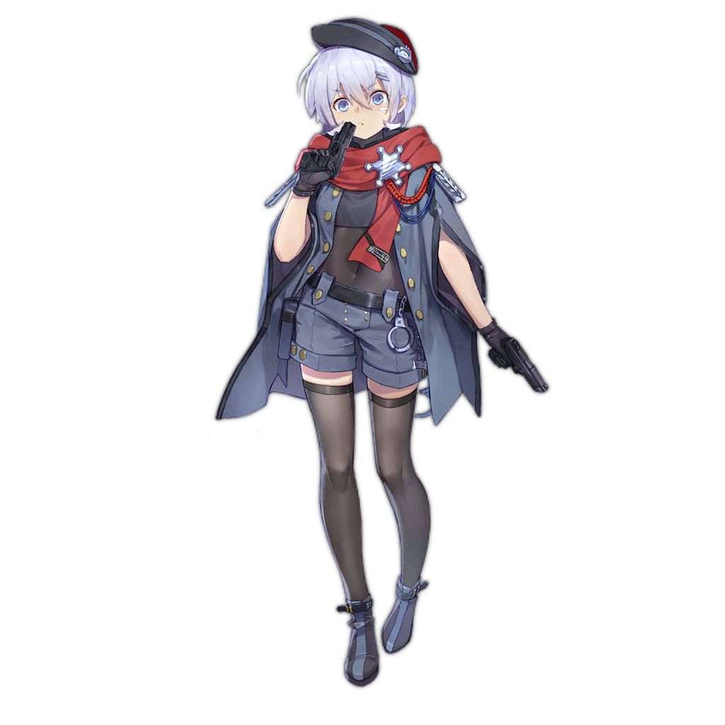 1girl alternate_costume badge beret black_legwear blue_eyes blue_footwear blue_hair blue_headwear blue_shorts covered_navel cuffs dual_wielding full_body girls_frontline gun hair_ornament hairclip handcuffs handgun hat holding holding_gun holding_weapon looking_at_viewer mod3_(girls_frontline) mp-446_viking mp-446_viking_(girls_frontline) official_art pistol red_scarf scarf sheriff_badge short_hair shorts skin_tight solo standing thigh-highs transparent_background weapon xiao_qiang_sang
