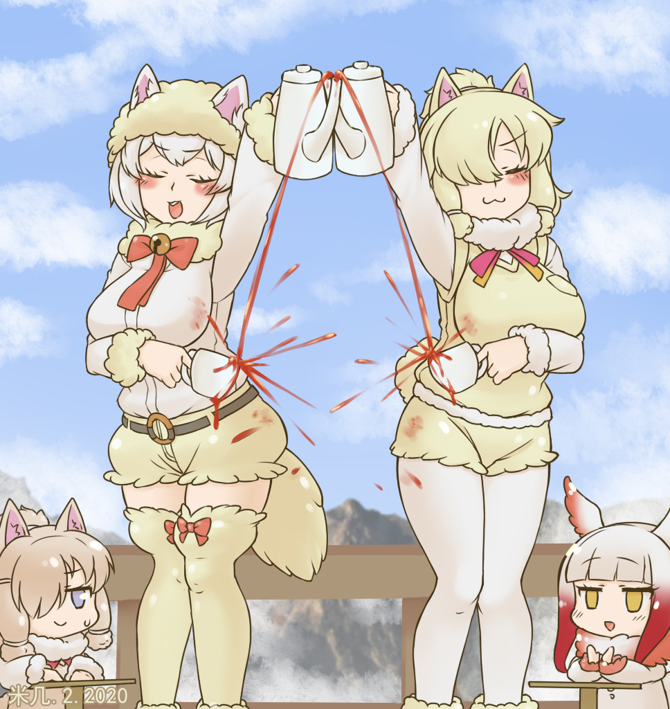 4girls :3 :d alpaca_ears alpaca_huacaya_(kemono_friends) alpaca_suri_(kemono_friends) animal_ear_fluff animal_ears arm_up bangs belt blonde_hair blue_sky blush bow bow_legwear breasts chibi chinese_commentary clapping closed_eyes clouds commentary_request cup day decantering dirty dirty_clothes dual_persona ears_through_headwear empty_eyes eyebrows_visible_through_hair failure feet_out_of_frame fur_collar gradient_hair grey_eyes hair_over_one_eye hat head_wings japanese_crested_ibis_(kemono_friends) kemono_friends large_breasts legwear_under_shorts long_sleeves miji_doujing_daile mountain multicolored_hair multiple_girls o-ring_belt open_mouth outdoors pantyhose pouring railing red_bow redhead shirt short_hair short_shorts shorts sky smile standing sweatdrop tea teapot thigh-highs vest white_legwear white_shirt yellow_eyes yellow_legwear yellow_shorts yellow_vest you're_doing_it_wrong