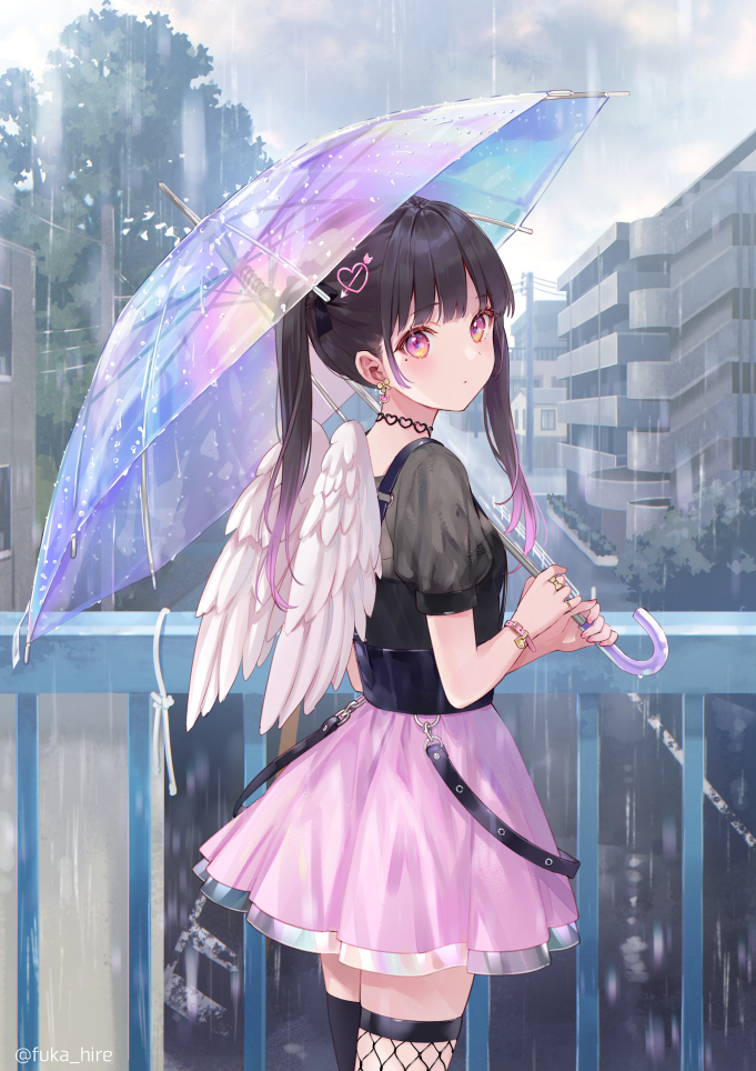 1girl :o angel_wings back bangs black_hair bracelet bridge commentary_request earrings eyebrows_visible_through_hair fishnet_legwear fishnets fukahire_(ruinon) hair_ornament heart heart_hair_ornament holding holding_umbrella jewelry looking_at_viewer looking_back necklace original outdoors pink_eyes pink_skirt puffy_short_sleeves puffy_sleeves railing rain shirt short_sleeves skirt solo suspender_skirt suspenders thigh-highs transparent transparent_umbrella twintails twitter_username umbrella urban water_drop wings