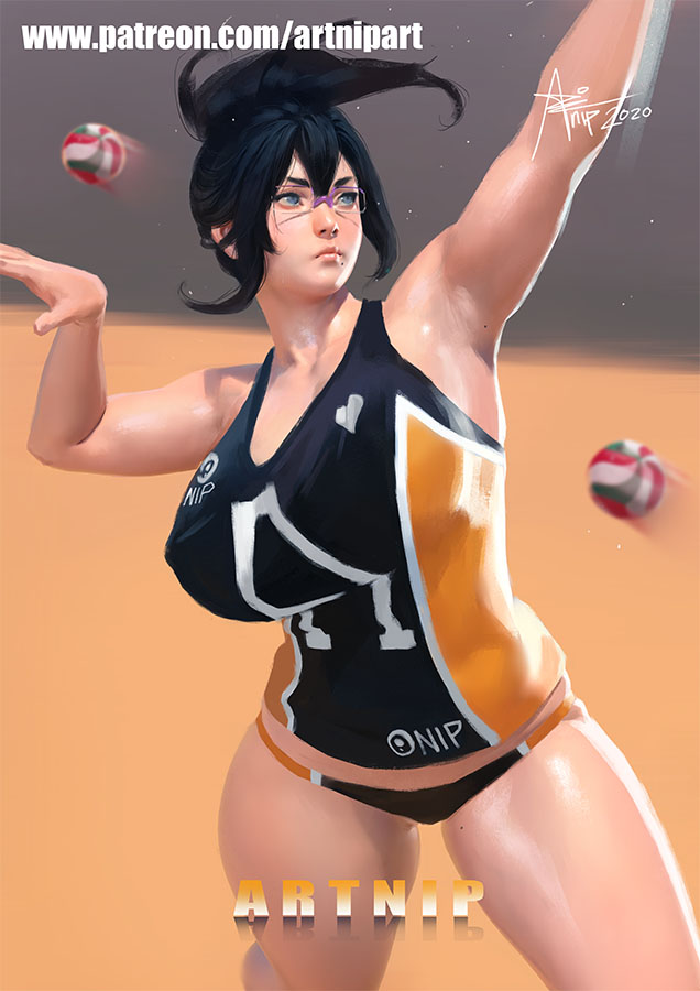 1girl 2020 armpits artnip black_hair blue_eyes breasts covered_nipples folded_ponytail glasses haikyuu!! huge_breasts jumping lips mole mole_under_mouth nose playing_sports purple-framed_eyewear shimizu_kiyoko short_shorts shorts signature solo sport sportswear thick_thighs thighs updo volleyball volleyball_uniform