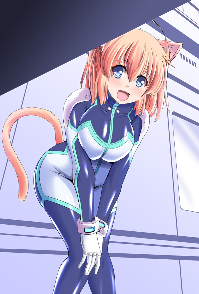 1girl ahoge animal_ears blonde_hair blue_eyes bodysuit breasts cat_ears cat_tail eyebrows_visible_through_hair hands_on_own_knees large_breasts leaning_forward looking_at_viewer open_mouth original pudding_(tonpuu) skin_tight solo tail tonpuu