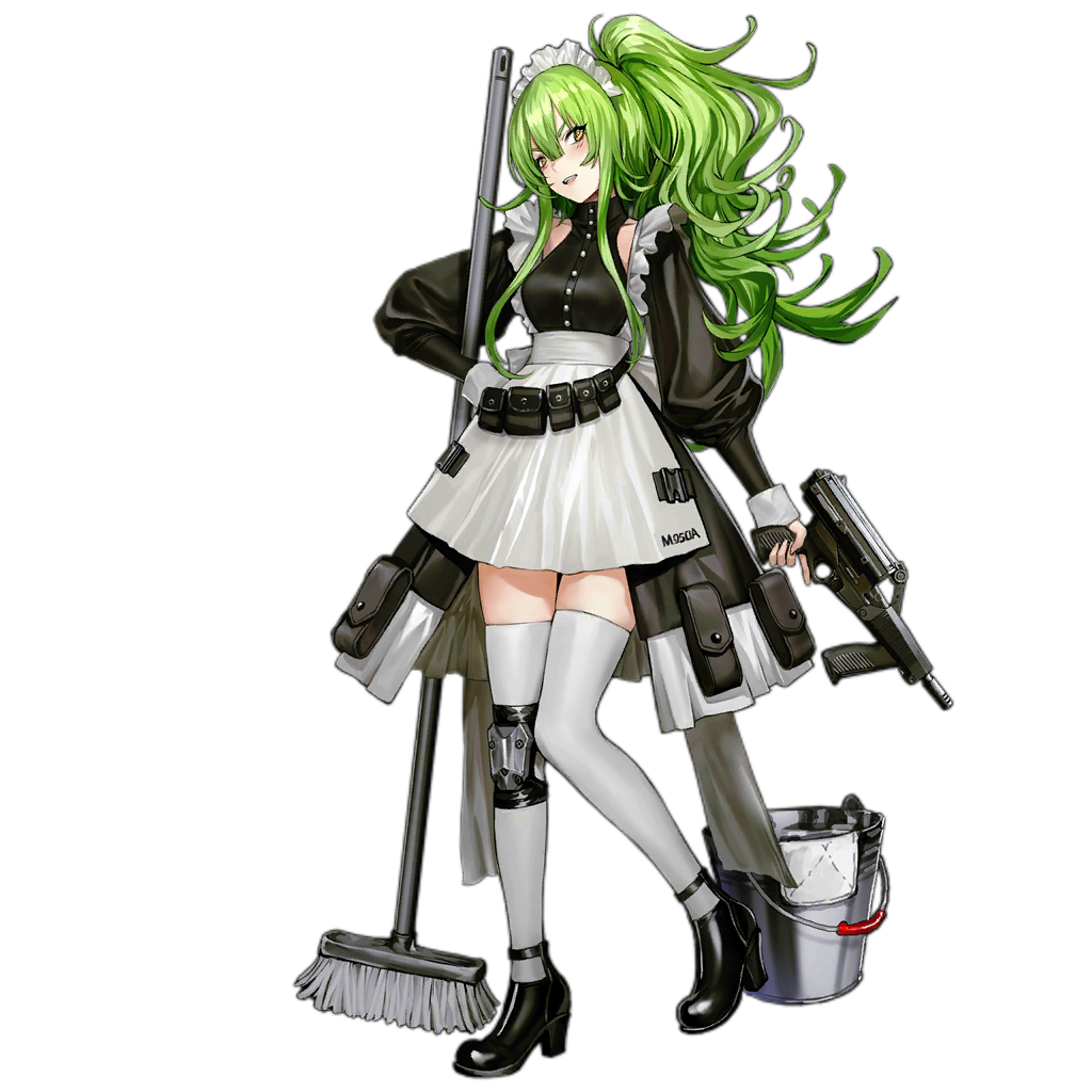 1girl :d alternate_costume apron bangs black_footwear blush breasts bucket calico_m950 clothes_writing collarbone detached_sleeves frills full_body girls_frontline green_hair grey_legwear gun hair_between_eyes hand_on_hip handgun head_tilt high_heels holding holding_gun holding_weapon infukun long_hair looking_at_viewer m950a_(girls_frontline) maid medium_breasts mop official_art open_mouth pistol pouch puffy_sleeves shoulder_cutout sidelocks single_knee_pad skirt smile solo standing standing_on_one_leg transparent_background trigger_discipline twintails wavy_hair weapon yellow_eyes