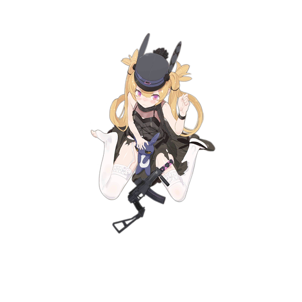 1girl alternate_costume bangs black_dress black_footwear black_scarf blonde_hair blush candy covering covering_crotch damaged dress food full_body garter_straps girls_frontline gun hair_between_eyes hair_ornament hat lollipop long_hair looking_at_viewer official_art pandegg scarf shoes sitting sleeveless sleeveless_dress solo sr-3mp_(girls_frontline) stuffed_animal stuffed_bunny stuffed_toy thigh-highs transparent_background twintails very_long_hair wariza weapon white_legwear