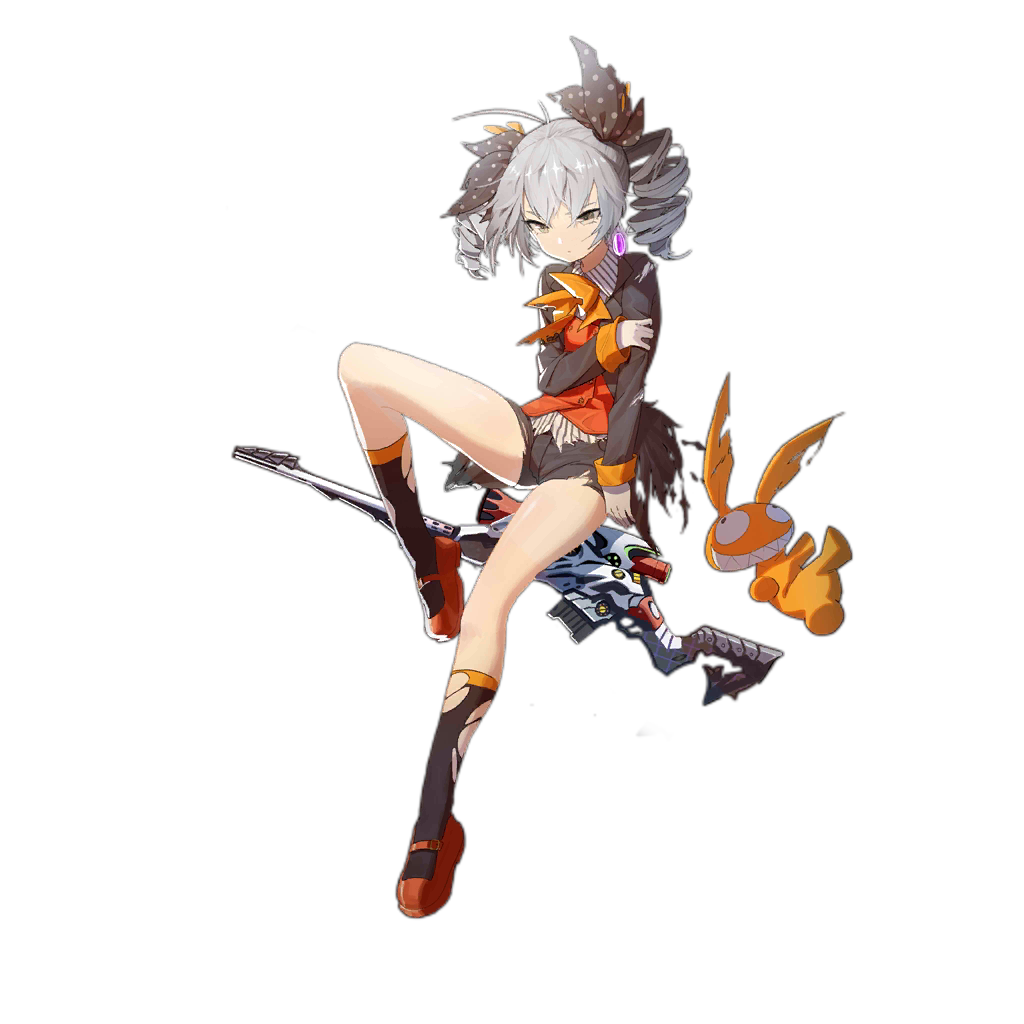 1girl bangs benghuai_xueyuan black_legwear blazer bronya_zaychik bronya_zaychik_(wolf's_dawn) brown_shorts closed_mouth crossover damaged drill_hair earrings expressionless full_body girls_frontline gun hair_between_eyes holding holding_arm holding_gun holding_weapon honkai_(series) jacket jewelry knee_up kneehighs long_hair looking_at_viewer mary_janes official_art open_blazer open_clothes open_jacket red_footwear rifle shadow shoes short_shorts shorts sidelocks sniper_rifle solo stuffed_animal stuffed_bunny stuffed_toy thighs torn_clothes torn_shorts transparent_background tsurime twintails vest waterkuma weapon