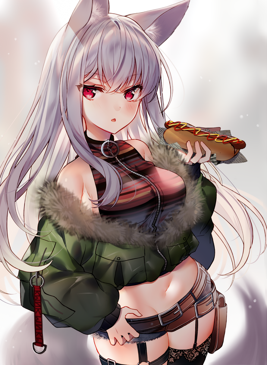 1girl animal_ears armpit_crease bare_shoulders belt belt_pouch black_legwear black_shorts breasts cowboy_shot crop_top cropped_jacket cutoffs food fur-trimmed_jacket fur_trim garter_straps green_jacket groin hand_up highres holding holding_food hot_dog jacket kawachi_rin large_breasts long_hair long_sleeves looking_at_viewer micro_shorts midriff multiple_belts navel off-shoulder_jacket off_shoulder original parted_lips pouch puffy_sleeves red_eyes red_shirt sandwich shirt shorts silver_hair sleeveless sleeveless_shirt sleeveless_turtleneck solo standing stomach striped striped_shirt tail thigh-highs thighs turtleneck wolf_ears wolf_girl wolf_tail zipper