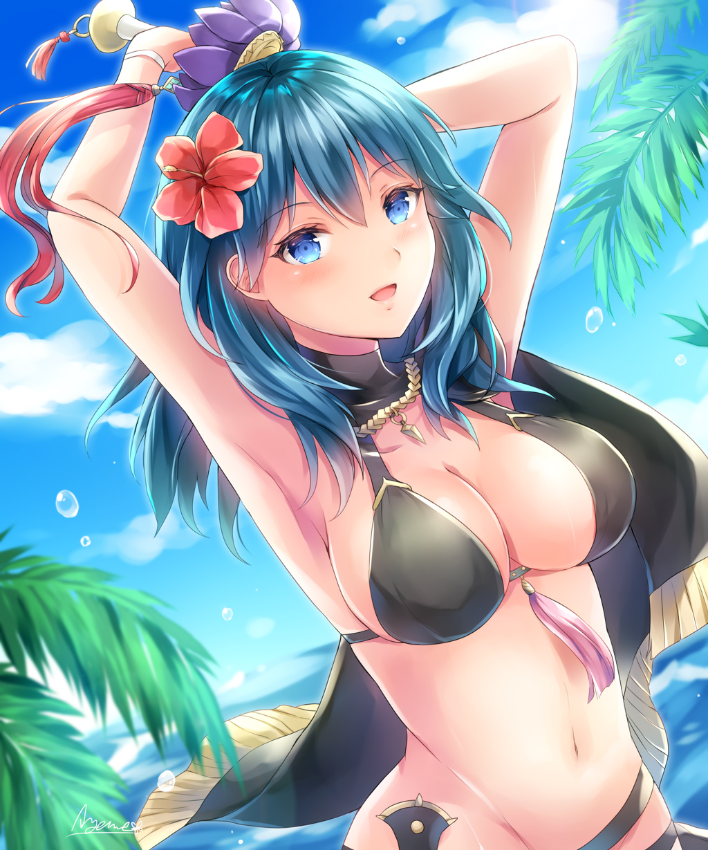 1girl armpits arms_up ayame_(norie11) bikini black_bikini blue_eyes blue_hair blue_sky breasts byleth_(fire_emblem) byleth_eisner_(female) clouds day fire_emblem fire_emblem:_three_houses fire_emblem_heroes flower hair_flower hair_ornament highres holding large_breasts open_mouth outdoors palm_tree sky solo swimsuit tree water