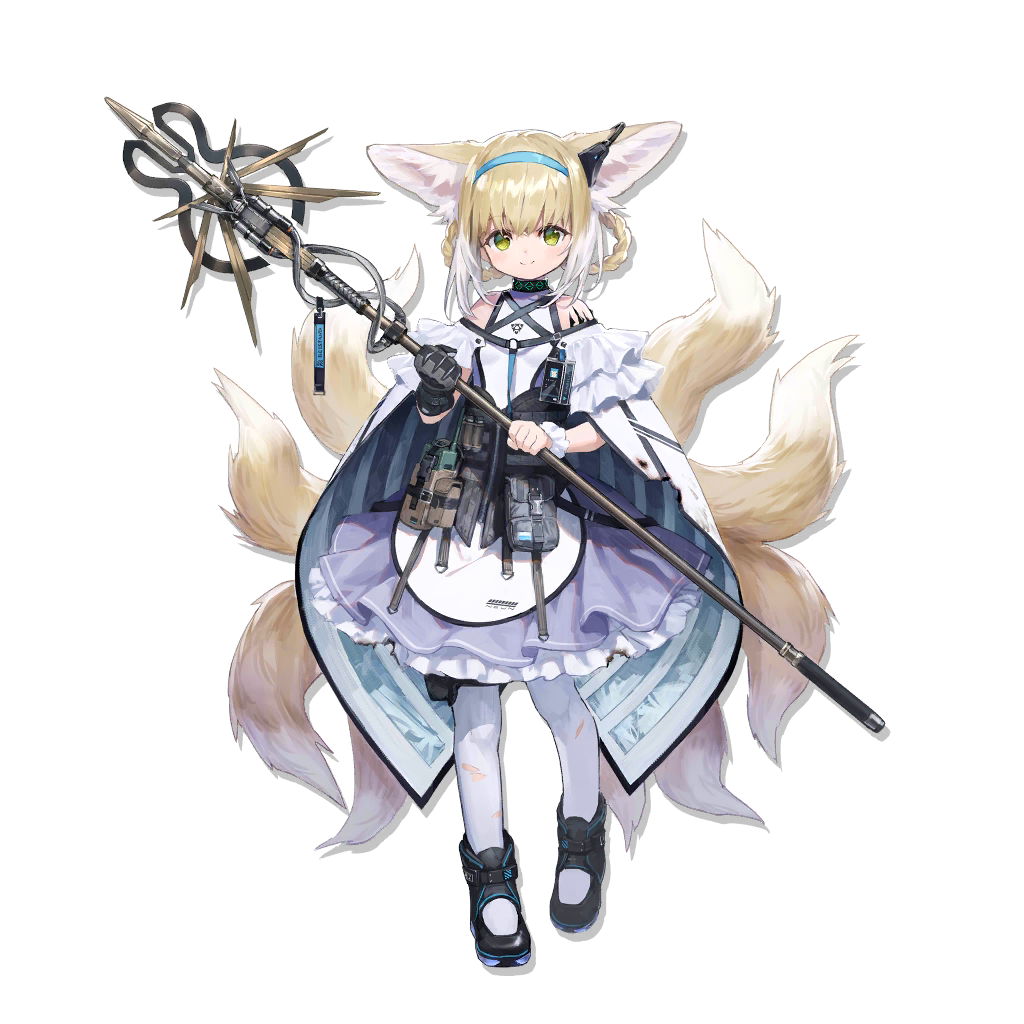 1girl animal_ears apron arknights bangs bare_shoulders black_footwear black_gloves blonde_hair blue_hairband fox_ears fox_tail full_body gloves green_eyes grey_legwear grey_skirt hair_rings hairband holding holding_staff looking_at_viewer multicolored_hair multiple_tails official_art ore_lesion_(arknights) pantyhose petticoat pouch sho_(sho_lwlw) shoes short_hair single_glove skirt smile solo staff standing suzuran_(arknights) tail transparent_background waist_apron white_apron white_hair wrist_cuffs