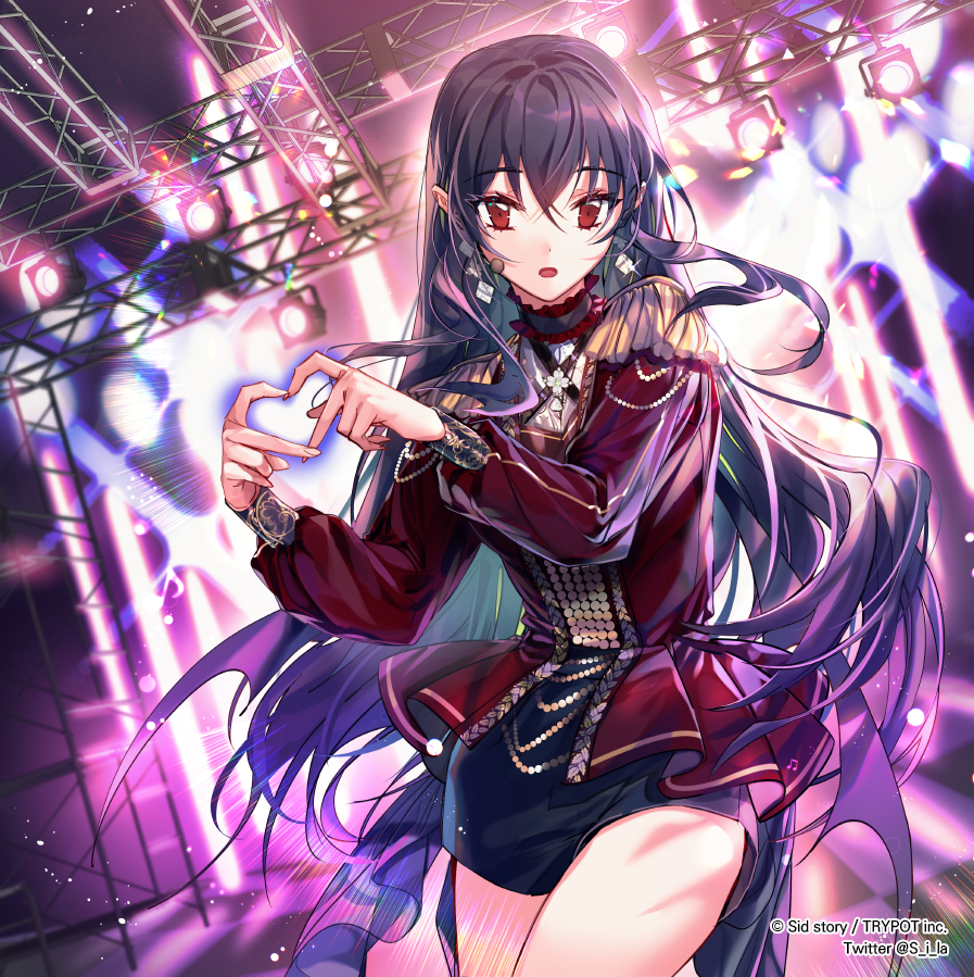 1girl black_hair black_ribbon black_skirt collarbone commentary_request earrings heart heart_hands jewelry long_hair looking_at_viewer official_art open_mouth red_eyes red_shirt ribbon shirt sid_story sila_(carpen) skirt stage stage_lights