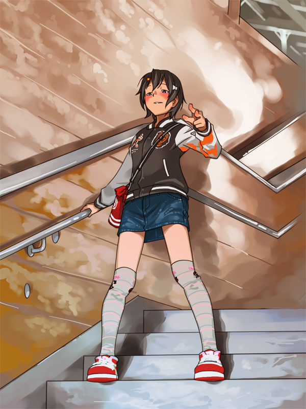 1girl bag bangs black_eyes blush brown_hair denim denim_skirt from_below hair_ornament hairclip hand_on_railing handbag jacket kneehighs legs_apart letterman_jacket light_smile looking_down original osomaki_nagara parted_lips pointing pointing_at_viewer ponta_(osomaki_nagara) railing red_footwear scenery shoes short_hair skirt sneakers stairs striped striped_legwear