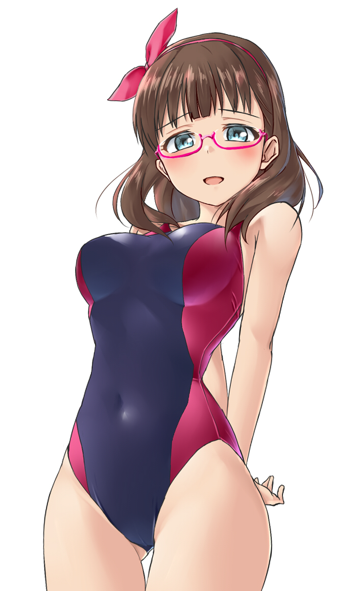 1girl aimobake arms_behind_back ass_visible_through_thighs bangs bespectacled black_swimsuit blue_eyes blush breasts brown_hair competition_swimsuit covered_navel glasses hair_ribbon hairband half-closed_eyes idolmaster idolmaster_cinderella_girls looking_at_viewer medium_breasts medium_hair one-piece_swimsuit open_mouth pink-framed_eyewear pink_hairband pink_ribbon ribbon sakuma_mayu semi-rimless_eyewear simple_background smile solo standing swimsuit thigh_gap under-rim_eyewear v_arms white_background