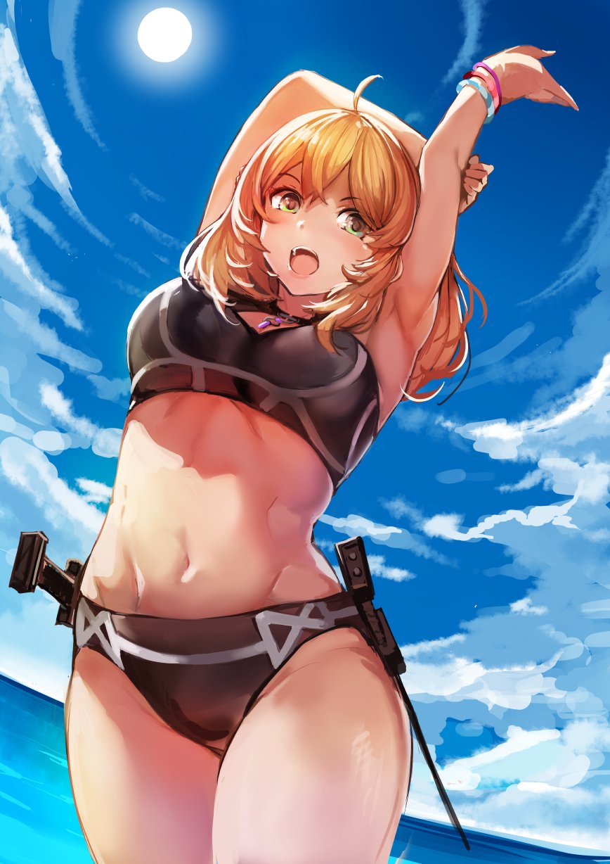 1girl :d arms_up bikini black_bikini blonde_hair breasts cleavage_cutout clouds cloudy_sky cowboy_shot day dutch_angle fiorung from_below highres horizon knife long_hair navel ocean open_mouth outdoors sky smile solo soma_(somaing1005) sun swimsuit weapon xenoblade_(series) xenoblade_1