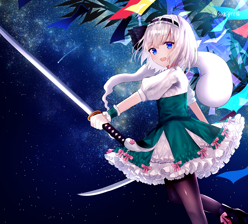 1girl alternate_costume ankle_boots arm_up bamboo bangs black_footwear black_legwear blue_eyes boots commentary_request dress dual_wielding eyebrows_visible_through_hair foot_out_of_frame frilled_dress frills from_side green_dress hairband holding holding_sword holding_weapon konpaku_youmu konpaku_youmu_(ghost) layered_dress light_blush lolita_hairband looking_at_viewer milky_way night night_sky open_mouth outdoors pantyhose partial_commentary puffy_short_sleeves puffy_sleeves sakipsakip shiny shiny_hair shooting_star short_hair short_sleeves silver_hair sky solo standing standing_on_one_leg star_(sky) starry_sky sword tanabata tanzaku touhou upper_teeth weapon wrist_cuffs