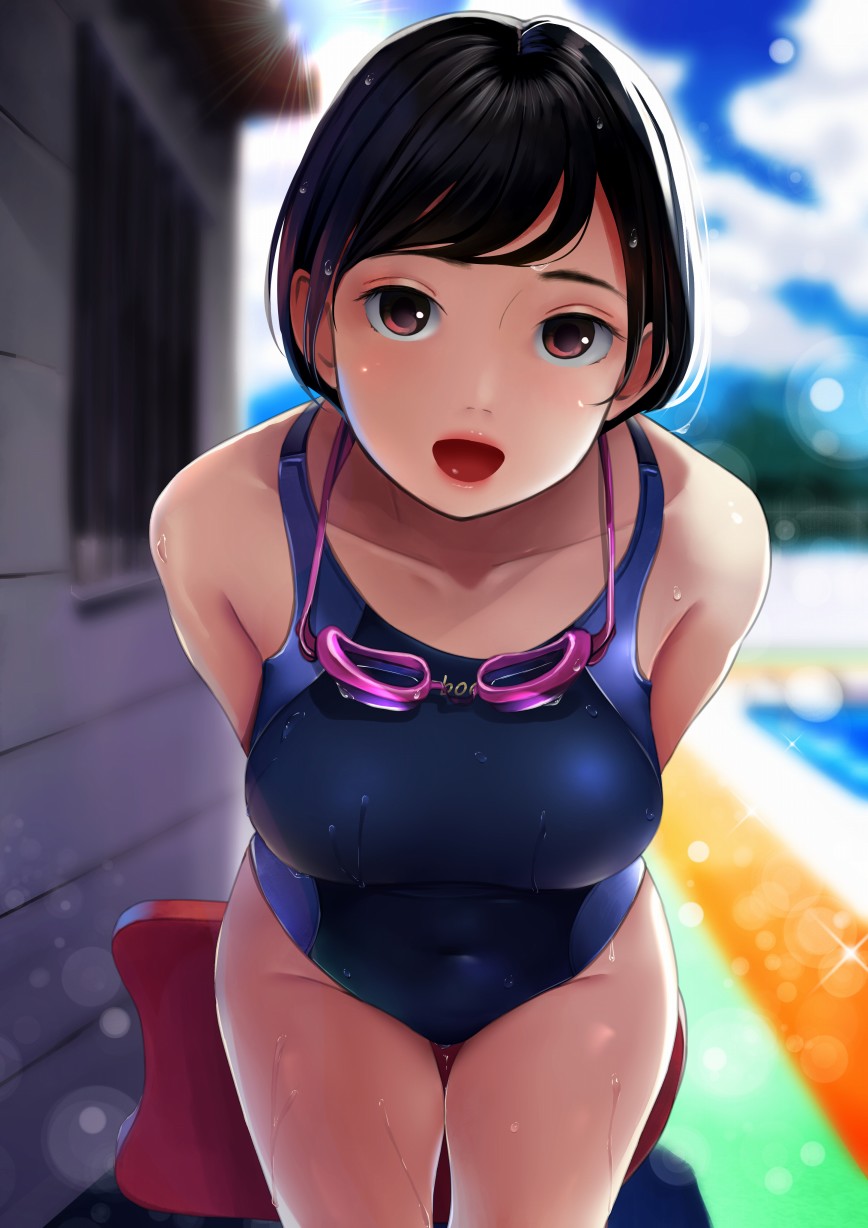 1girl arms_behind_back backlighting bangs black_hair blue_swimsuit blurry breasts collarbone covered_navel cowboy_shot day depth_of_field dripping goggles goggles_around_neck groin highres kickboard leaning_forward lens_flare lips looking_at_viewer medium_breasts neko_neko_koneko one-piece_swimsuit open_mouth original outdoors pool poolside short_hair solo standing sunlight swimsuit thigh_gap wet wet_hair