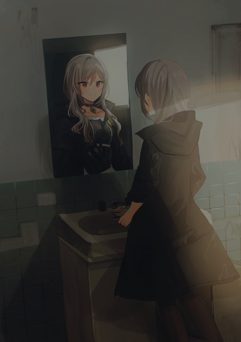 1girl black_choker black_coat black_legwear bloom chihuri choker closed_mouth coat collarbone commentary_request commission eyebrows_visible_through_hair faucet feet_out_of_frame girls_frontline hair_between_eyes hair_down hood hood_down hooded_coat indoors light_rays long_hair long_sleeves looking_at_mirror mirror open_clothes open_coat p90_(girls_frontline) pantyhose red_eyes reflection silver_hair sink smile solo standing sunbeam sunlight tile_wall tiles