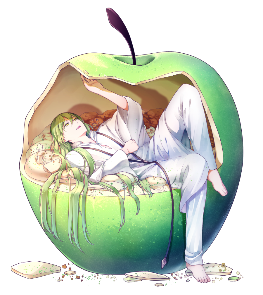 1other androgynous apple arm_up bangs barefoot cleavage_cutout dkfm50 enkidu_(fate/strange_fake) fate/grand_order fate/strange_fake fate_(series) food from_side fruit full_body green_hair hair_between_eyes long_hair long_sleeves looking_up lying on_back open_mouth otoko_no_ko robe smile solo very_long_hair white_robe wide_sleeves yellow_eyes