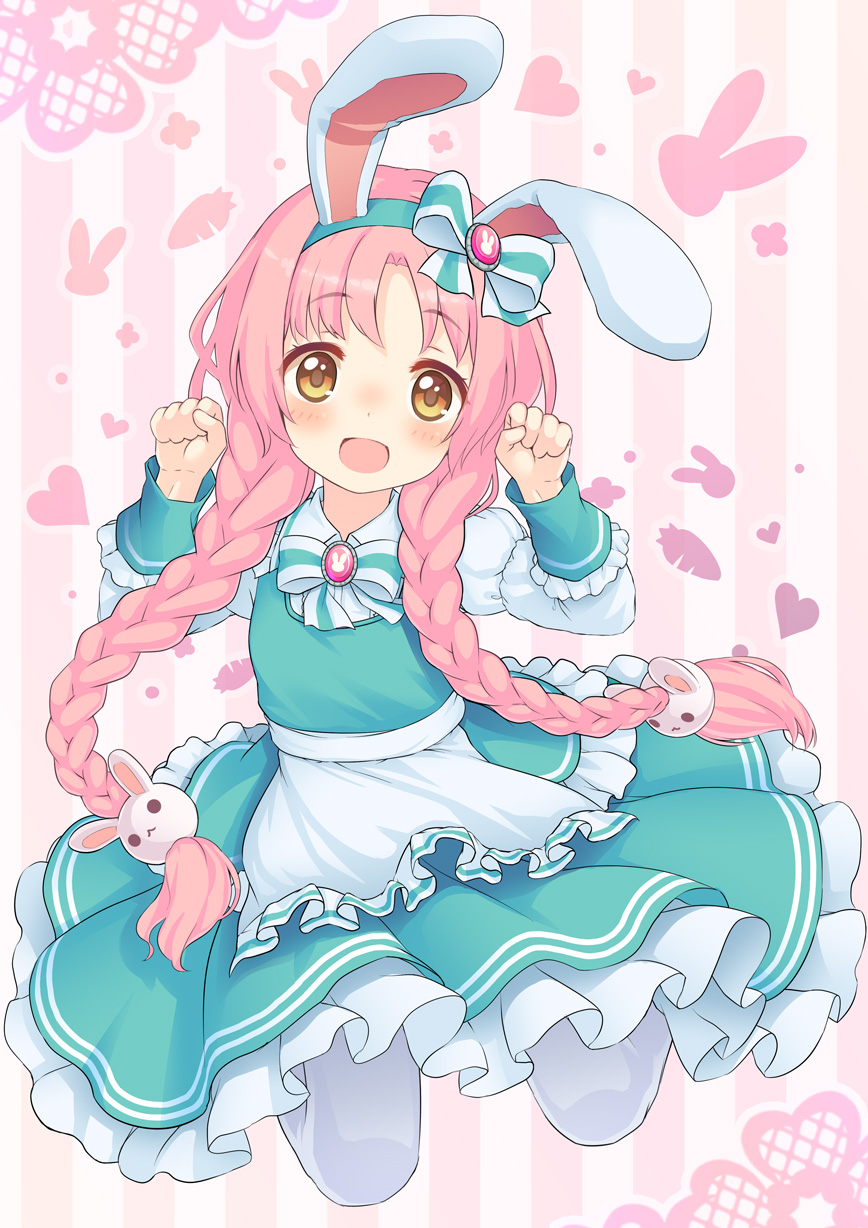 1girl animal_ears apron aqua_dress bow braid brown_eyes clenched_hands commentary_request dress fake_animal_ears hairband heart highres jumping kupuru_(hirumamiyuu) long_hair low_braid low_twintails mimi_(princess_connect!) open_mouth pantyhose paw_pose pink_background pink_hair princess_connect! princess_connect!_re:dive rabbit_ears ribbon smile solo striped striped_background twin_braids twintails waist_apron white_apron white_legwear