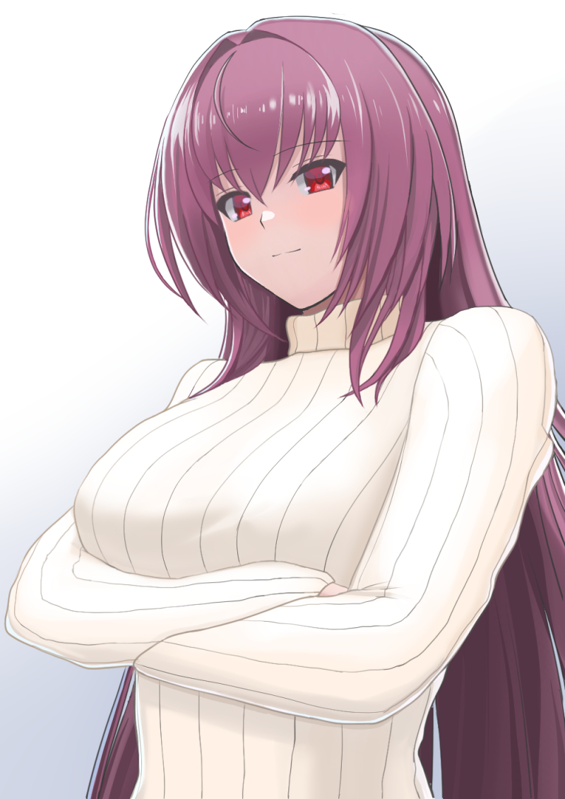 1girl arms_under_breasts bangs breasts closed_mouth commentary_request crossed_arms eyebrows_visible_through_hair fate/grand_order fate_(series) hair_between_eyes higofushi light_blush long_hair red_eyes scathach_(fate)_(all) scathach_(fate/grand_order) shiny shiny_hair smile solo sweater turtleneck turtleneck_sweater yellow_sweater