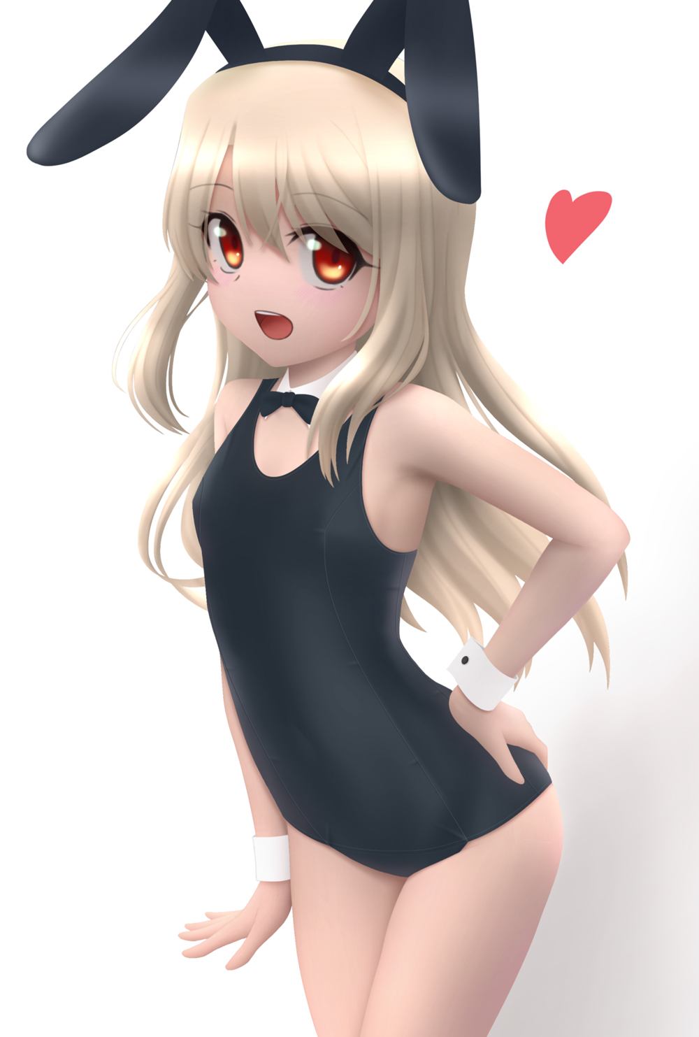 1girl animal_ears bangs bare_shoulders black_swimsuit blush bow bowtie breasts collarbone detached_collar fate/kaleid_liner_prisma_illya fate_(series) hairband heart highres illyasviel_von_einzbern long_hair looking_at_viewer one-piece_swimsuit open_mouth rabbit_ears red_eyes siraha small_breasts smile swimsuit thighs white_hair wrist_cuffs