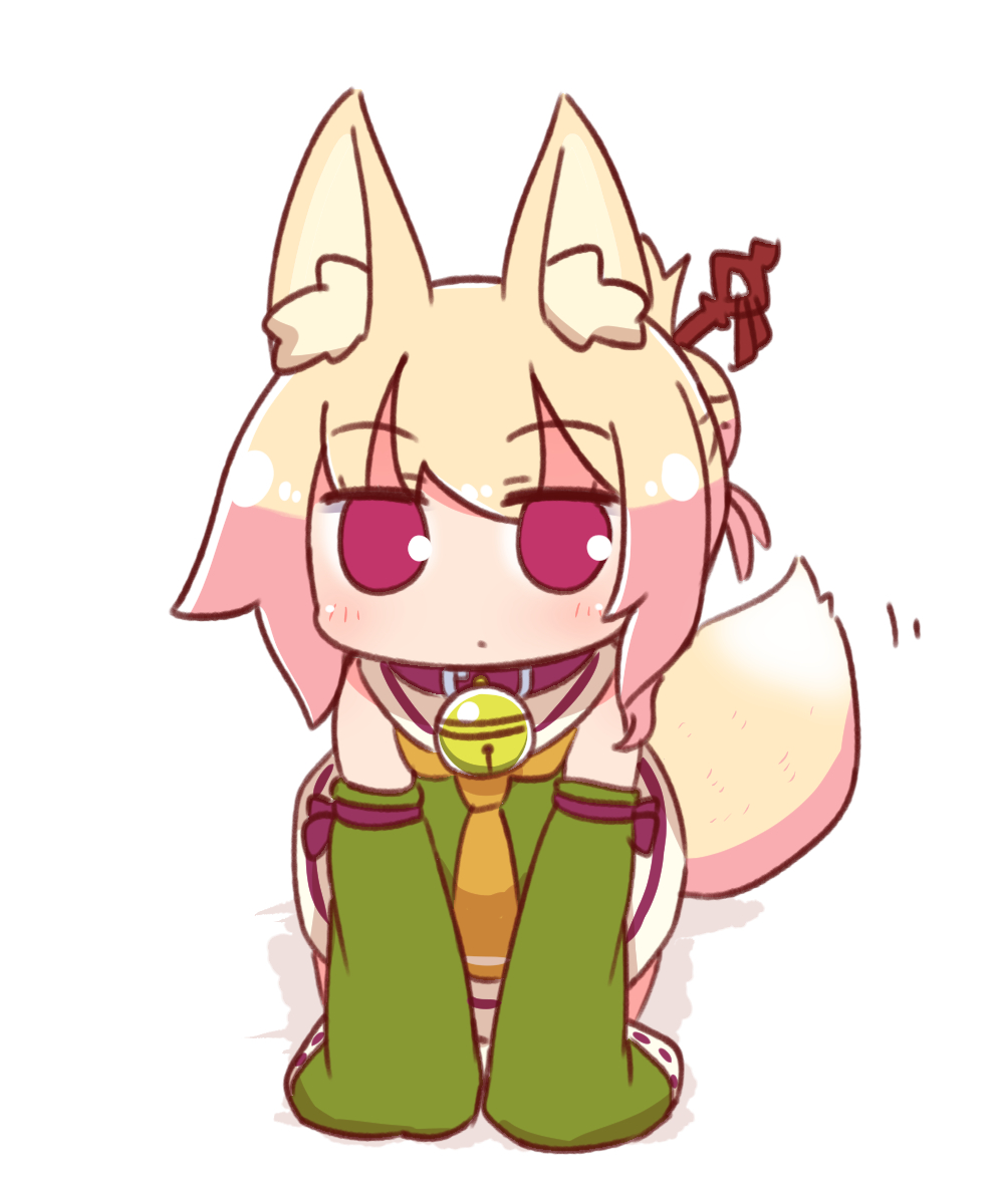 1girl animal_ear_fluff animal_ears bangs bell bell_collar blonde_hair blush brown_collar collar detached_sleeves dress eyebrows_visible_through_hair fox_ears fox_girl fox_tail from_above full_body green_dress green_sleeves hair_between_eyes hair_bun hair_ornament highres jingle_bell kemomimi-chan_(naga_u) long_sleeves looking_at_viewer naga_u orange_neckwear original red_eyes ribbon-trimmed_sleeves ribbon_trim sailor_collar sailor_dress shadow sidelocks sitting sleeveless sleeveless_dress sleeves_past_fingers sleeves_past_wrists solo tail white_background white_sailor_collar