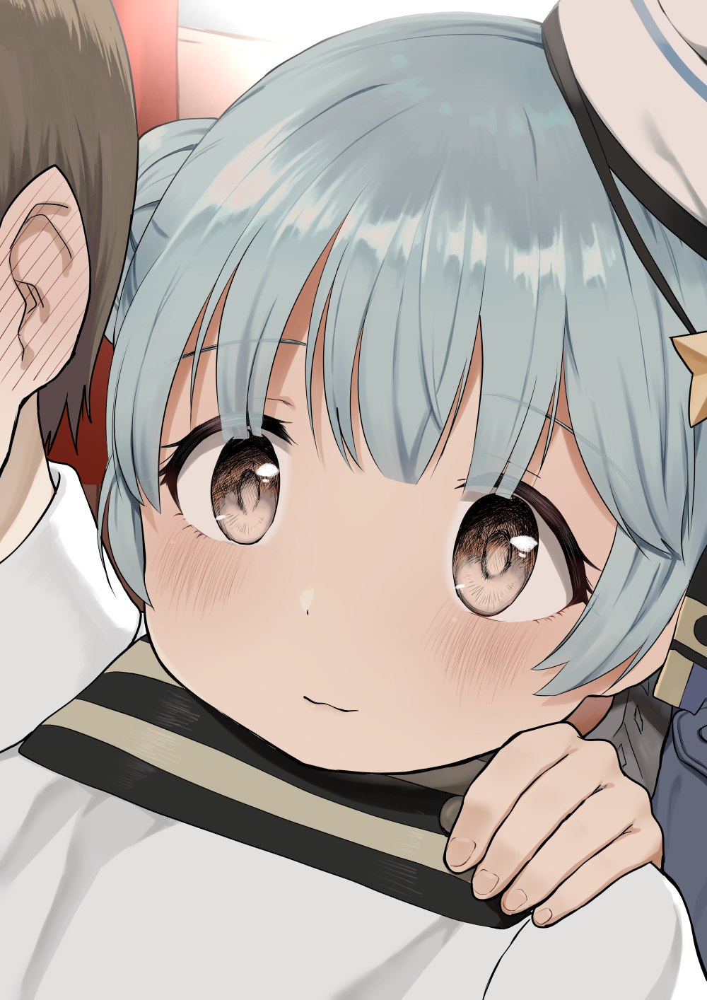 1boy 1girl admiral_(kantai_collection) black_ribbon blue_hair commentary_request dixie_cup_hat double_bun epaulettes hat hat_ribbon head_on_another's_shoulder highres kantai_collection military_hat mirui2 ribbon samuel_b._roberts_(kantai_collection) short_hair upper_body white_headwear yellow_eyes