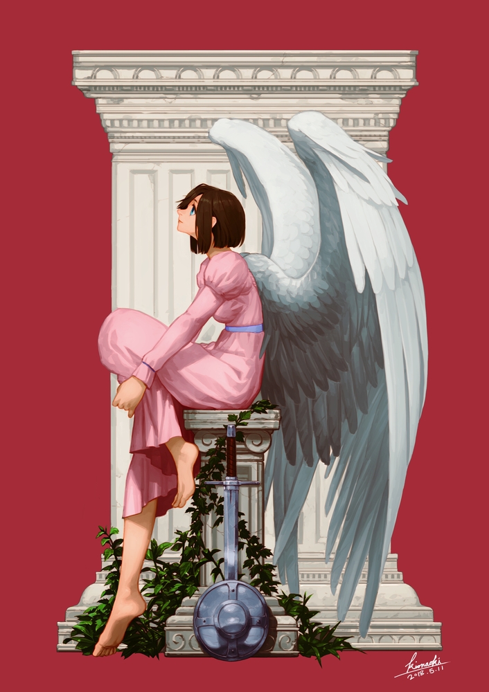 1girl barefoot blue_eyes brown_hair closed_mouth column dated dress feathered_wings from_side grass kio_naoki large_wings long_sleeves medium_hair original pillar pink_dress red_background shield signature simple_background sitting solo sword weapon white_wings wings