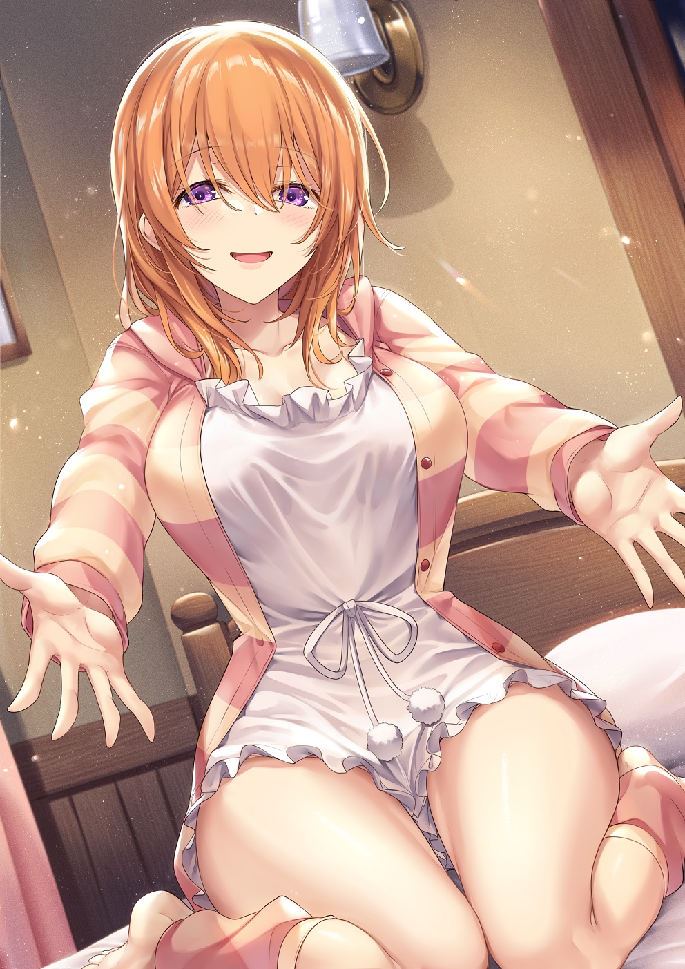 1girl :d bangs bed breasts cardigan commentary_request dress frilled_dress frills gochuumon_wa_usagi_desu_ka? hair_between_eyes highres hoto_cocoa indoors ks large_breasts long_hair long_sleeves o_arms older open_cardigan open_clothes open_mouth orange_hair pillow pink_legwear short_dress sitting smile striped striped_sweater sweater thighs violet_eyes wariza white_dress