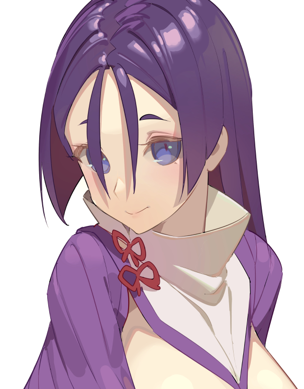 1girl bangs between_breasts blush breasts closed_mouth fate/grand_order fate_(series) high_collar large_breasts long_hair looking_at_viewer minamoto_no_raikou_(fate/grand_order) parted_bangs purple_hair ribbed_sleeves simple_background smile tabard tim_loechner very_long_hair violet_eyes