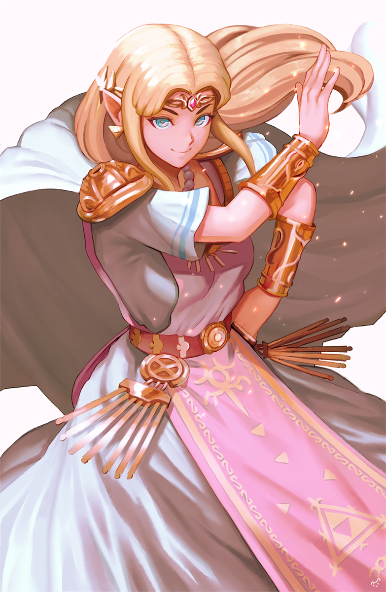 1girl bangs blonde_hair blue_eyes breasts cape commentary dress earrings english_commentary floating_hair hand_on_hip hand_up highres jewelry long_hair looking_at_viewer medium_breasts mynare parted_bangs pauldrons princess_zelda short_sleeves shoulder_armor smile solo tabard the_legend_of_zelda triangle_earrings triforce_print white_dress