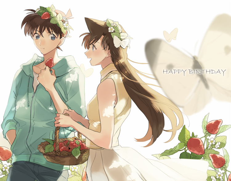 1boy 1girl :d :t basket black_pants blue_eyes blurry_foreground blush brown_hair bug butterfly casual eye_contact floating_hair hand_in_pocket happy_birthday head_wreath holding holding_basket hood hood_down hooded_cardigan insect kudou_shin'ichi long_hair looking_at_another meitantei_conan mouri_ran open_mouth pants pleated_skirt profile shirt skirt sleeveless sleeveless_shirt smile torinomaruyaki very_long_hair white_background white_skirt yellow_shirt
