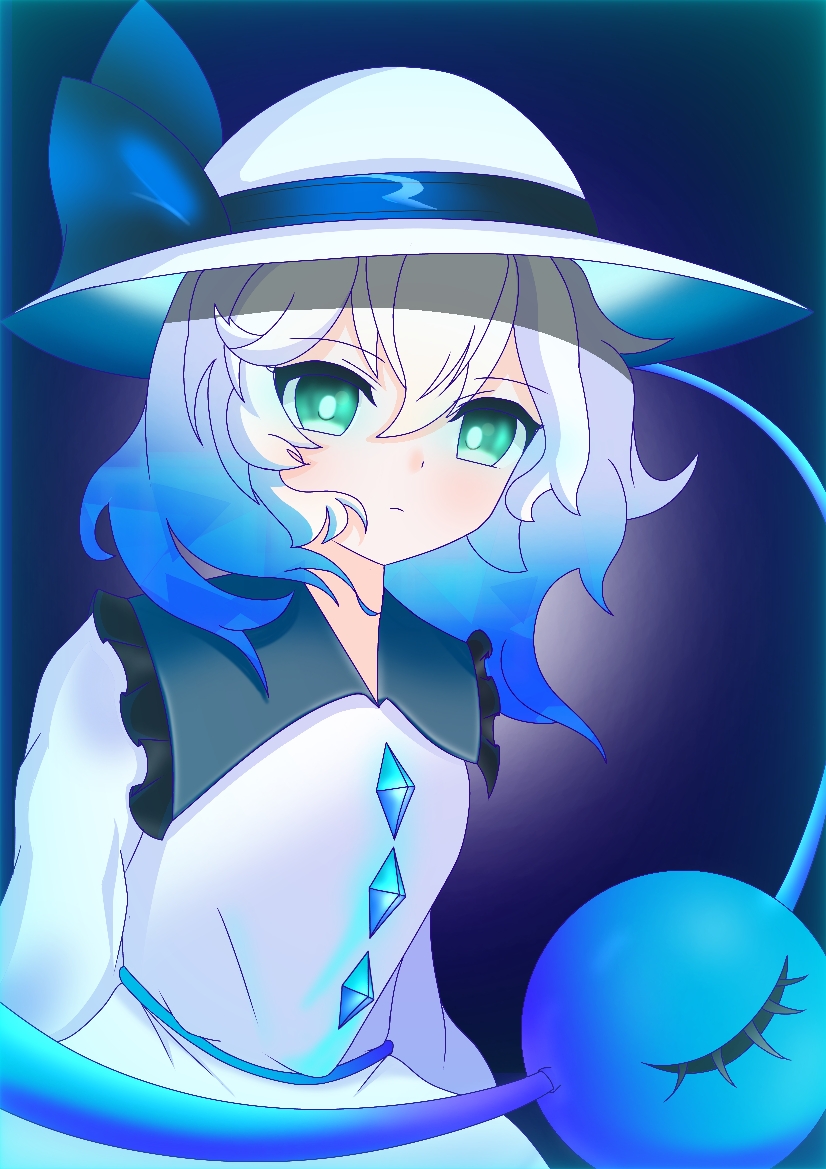 1girl agekara_km alternate_color alternate_hair_color blue_eyes closed_mouth hat hat_ribbon komeiji_koishi looking_at_viewer ribbon shirt simple_background skirt solo third_eye touhou touhou_lost_word white_hair white_shirt white_skirt