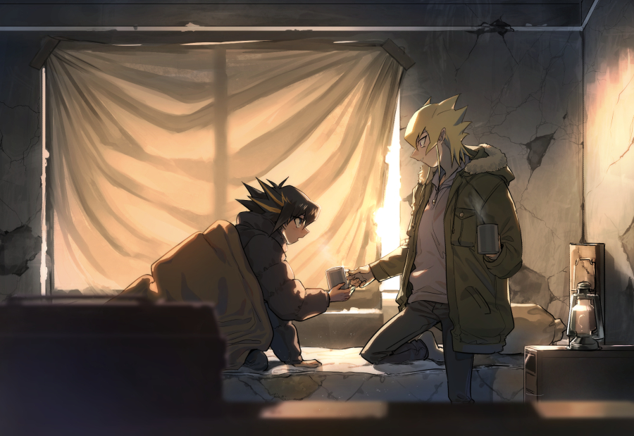 2boys backlighting black_pants blonde_hair blurry_foreground coat cup curtains eye_contact fudou_yuusei fur-trimmed_coat fur_trim green_coat hair_between_eyes holding holding_cup hood hooded_coat hooded_sweater indoors jack_atlas kneeling looking_at_another male_focus multicolored_hair multiple_boys on_bed open_clothes open_coat pants profile shiny shiny_hair spiky_hair standing sweater torinomaruyaki two-tone_hair white_sweater yuu-gi-ou yuu-gi-ou_5d's