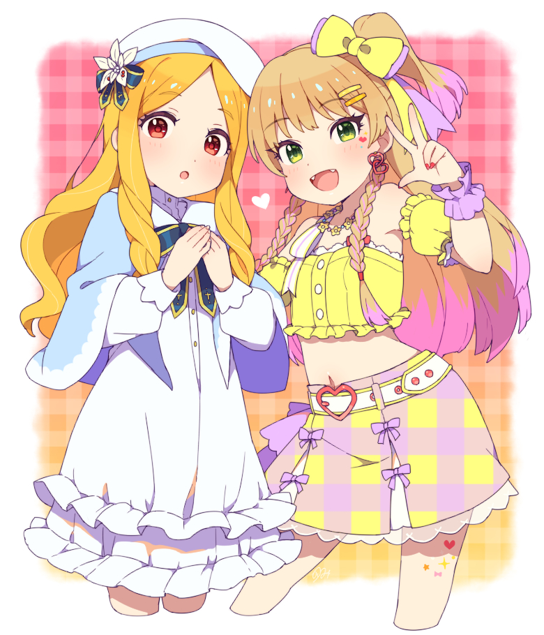 2girls :o bangs bare_shoulders blonde_hair blue_capelet blush bow capelet character_request checkered checkered_background commentary_request detached_sleeves eyebrows_visible_through_hair fangs green_eyes hair_bow hair_ornament hairclip hat heart idolmaster idolmaster_cinderella_girls jougasaki_rika long_sleeves looking_at_viewer moyori multicolored multicolored_clothes multicolored_skirt multiple_girls navel parted_bangs pink_background pink_bow pink_hair pink_skirt red_eyes red_nails short_sleeves skirt white_background white_headwear yellow_bow yellow_skirt
