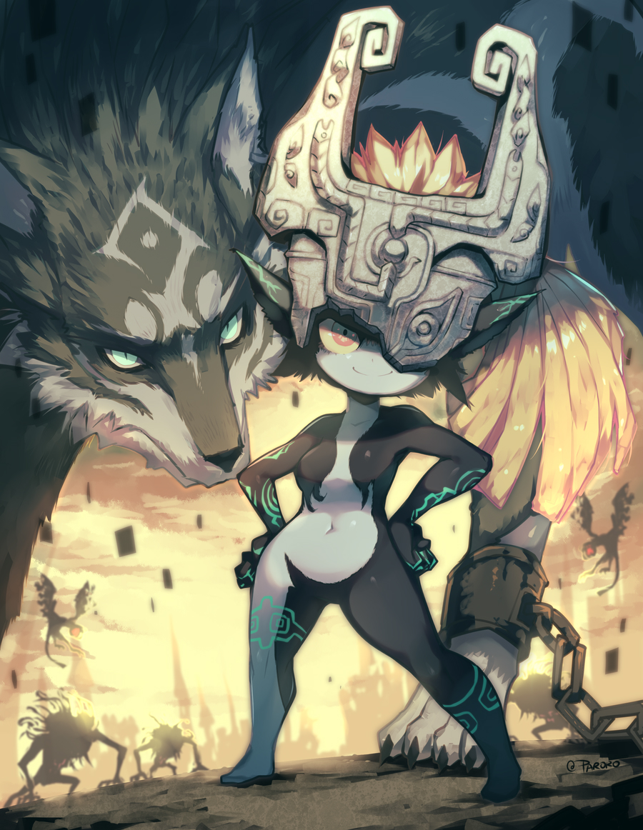 1girl facial_mark forehead_mark imp link link_(wolf) mask_over_one_eye midna monster monster_girl multicolored multicolored_skin navel parororo pointy_ears smile standing stomach the_legend_of_zelda the_legend_of_zelda:_twilight_princess two-tone_skin wolf