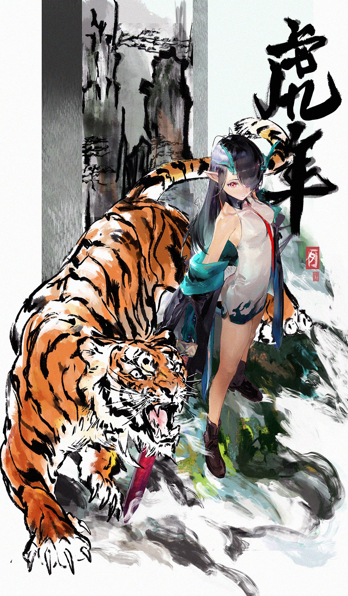 1girl arknights bare_legs bare_shoulders black_hair breasts brown_footwear chinese_zodiac commentary_request covered_collarbone dress dusk_(arknights) green_horns grey_background highres ink jacket kanji kuma20151225 long_hair necktie off_shoulder orange_eyes pointy_ears red_necktie sleeveless sleeveless_dress small_breasts solo tiger white_background white_dress year_of_the_tiger