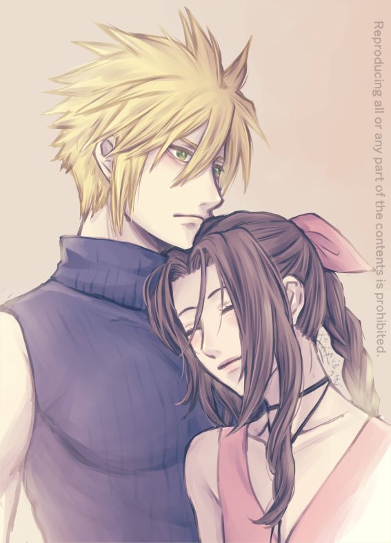 1boy 1girl aerith_gainsborough blonde_hair bow braid brown_hair closed_eyes cloud_strife couple expressionless final_fantasy final_fantasy_vii green_eyes hair_between_eyes hair_bow hetero lips long_hair pink_bow short_hair sidelocks takaya_natsuki